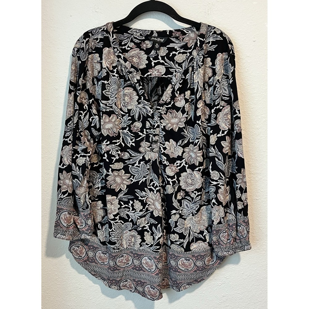Lucky Brand Blouse Womens XL Boho Floral Printed Black Popover Small Flaw